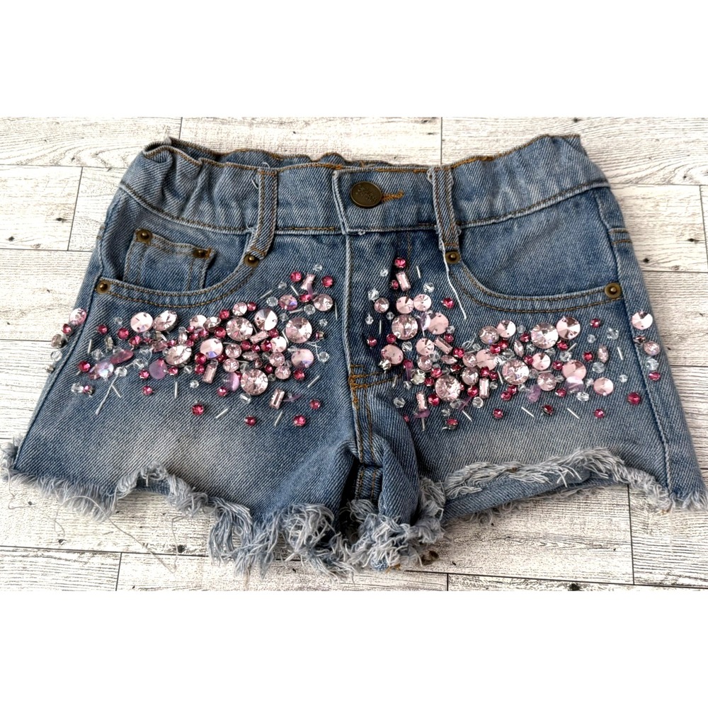 Lola and The Boys Jean Denim Shorts Multicolored embellished Gemstone Girls SZ 6